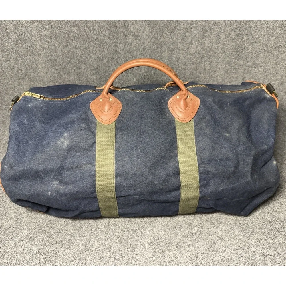 LL Bean Vintage 80s Blue Green Leather Handle Duffel Bag Zip Top Freeport Maine